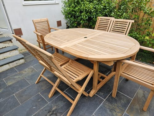 Customer photo review of Teak Oval 180–240cm Extending Table 4cm Top (8 Hampton Chairs) – Premium Teak Outdoor Dining Set