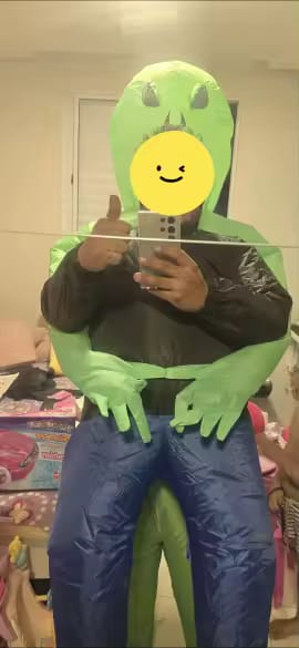 Customer photo review of Inflatable Alien Costume – Funny "Pick Me Up" Illusion Suit
