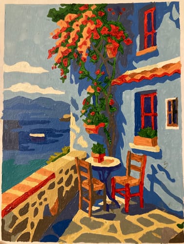 Customer's completed mini painting showing a colorful Mediterranean scene with a blue building and flowers.