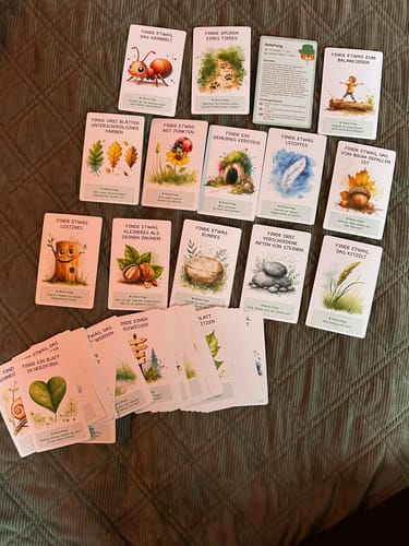 Ein Kunde zeigt die illustrierten Karten des Edubini Gefunden! Outdoor Suchspiels, ausgelegt auf einer Decke.