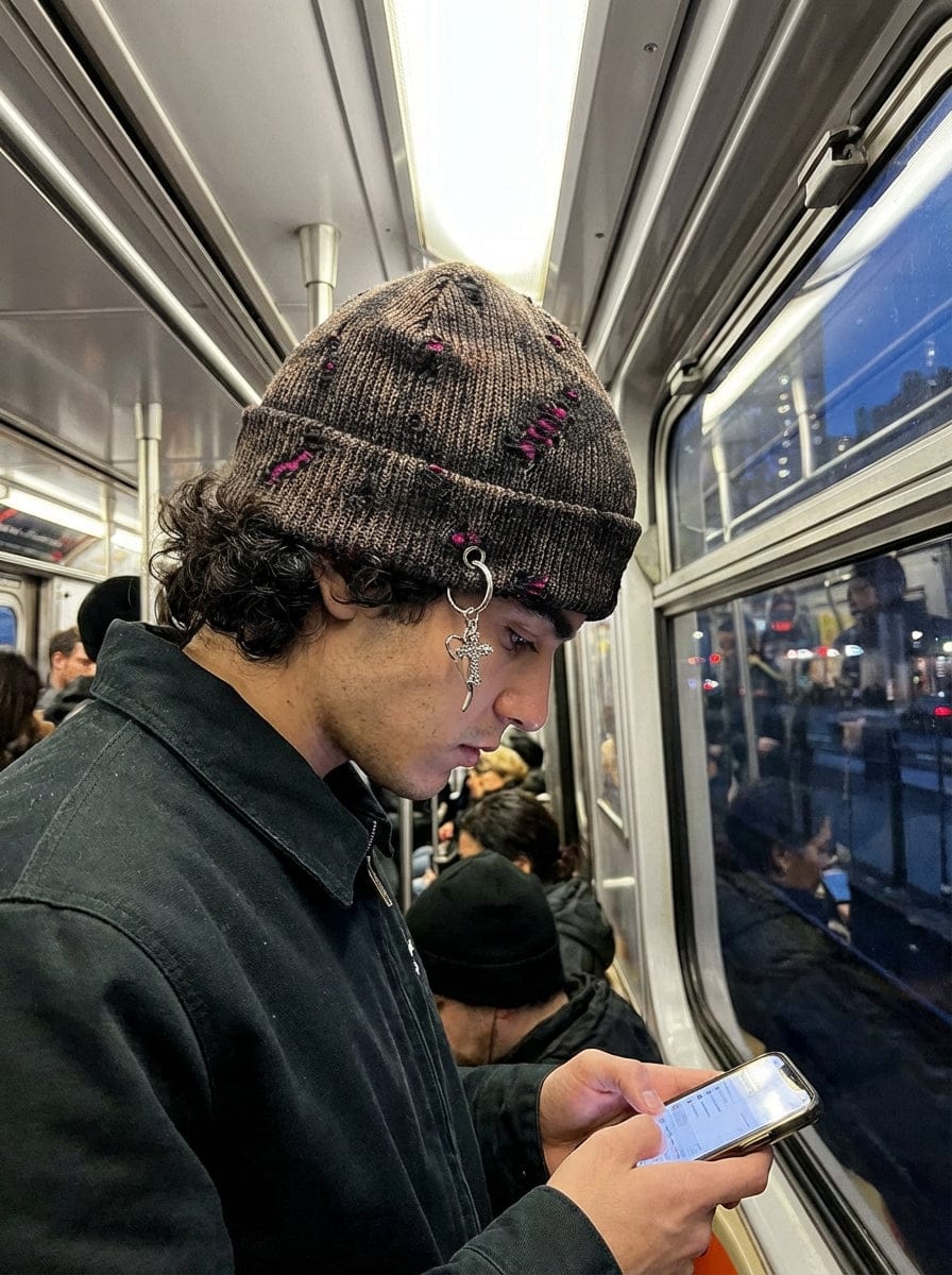 Customer photo review of Retro Wasteland Style Distressed Knit Hanging Charm Beanie
