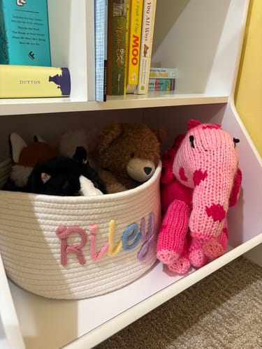 Customer's personalized knitted basket with 'Riley' in multicolor yarn, shown on a white shelf holding stuffed animals.