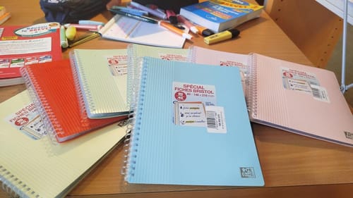 Photo d'un client montrant plusieurs protège-documents OXFORD de couleurs pastel vives posés sur un bureau.