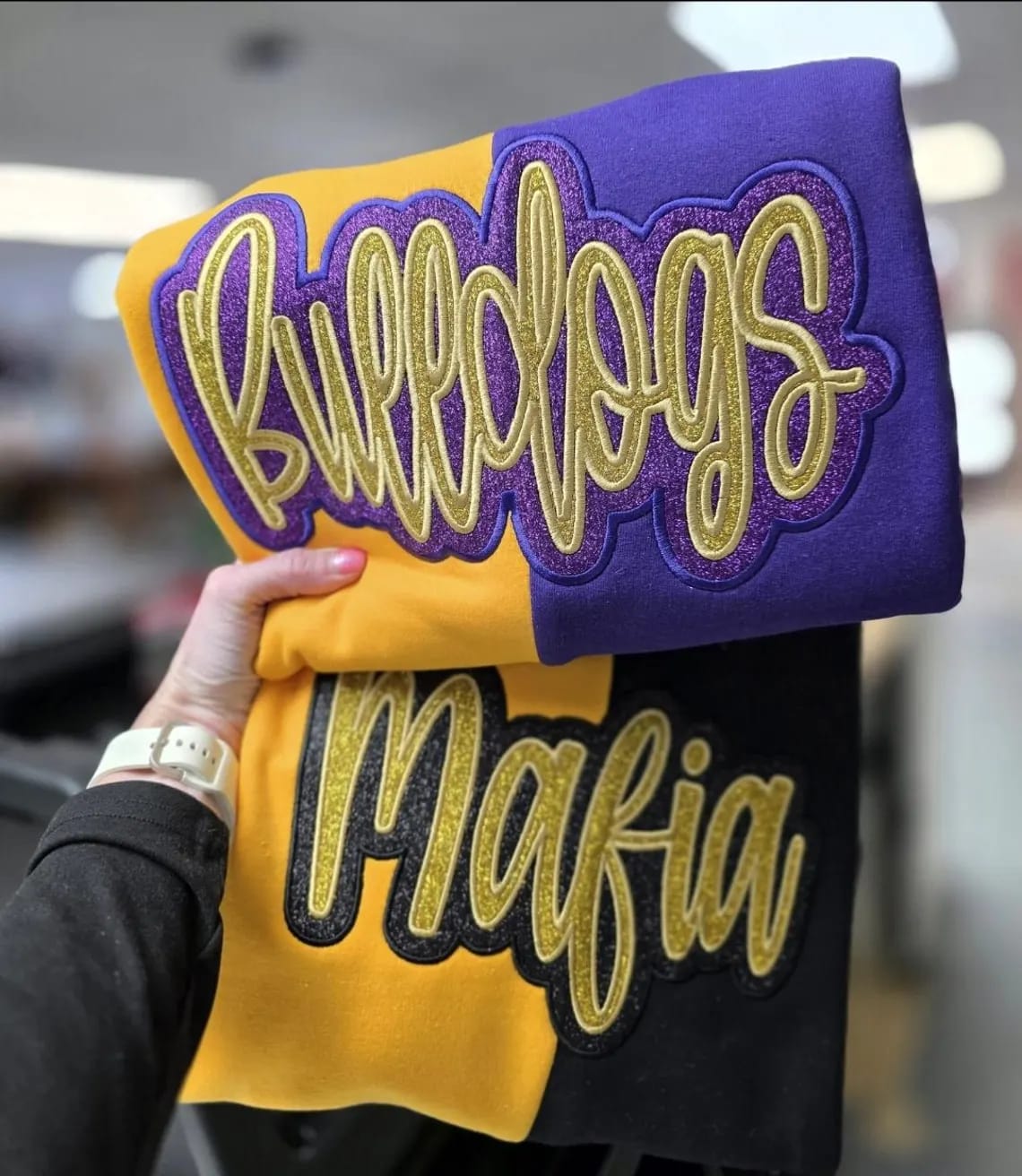 Customer photo review of Personalized Split Team Two Tone Crewneck Embroidered Applique Team Name Game Day Sweatshirt