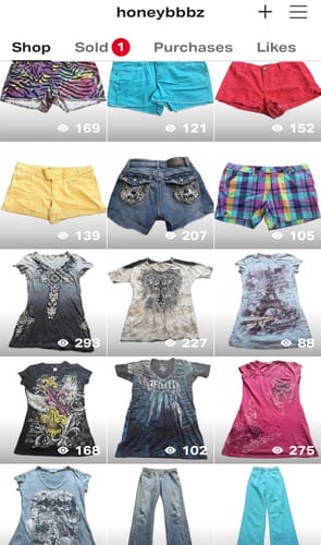 Customer's Y2K womens mix, featuring colorful shorts and graphic tees laid out in a grid for their online shop.
