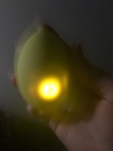 A reviewer's blurry photo of the Lem Clitoral Massager glowing brightly in their hand.