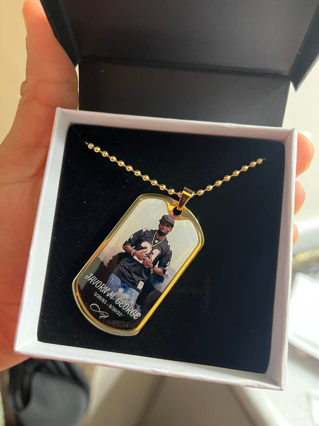 Customer photo review of Custom Name Photo Dog Tag Memorial Necklace