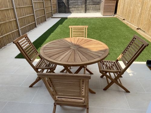 Customer photo review of Teak 120cm Round Sunshine Folding Table 4cm Top (6 Folding Chairs) Cushions Included – Premium Teak Garden Furniture Set