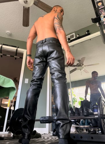 Customer photo review of Classic Leather Zipper Jeans Pants