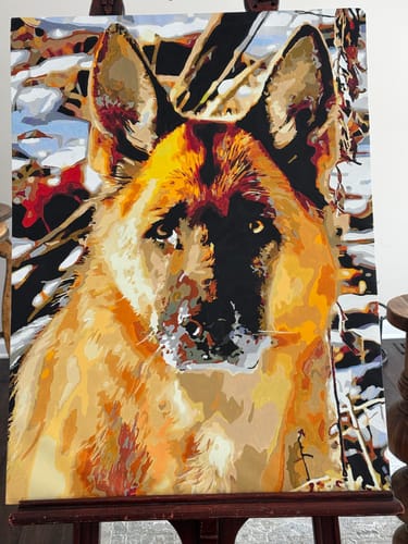 Reviewer's finished Custom Paint by Numbers painting of a detailed German Shepherd dog on an easel.