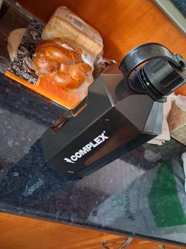 Reviewer's black, angular XXL Bottle shown on a dark kitchen counter.