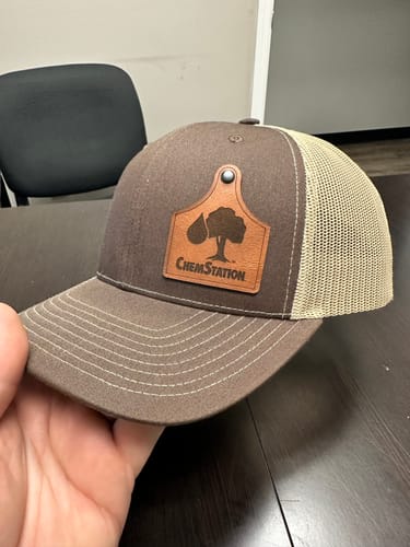 Customer photo review of Ear Tag Custom Leather Patch Trucker Hat - Richardson 112