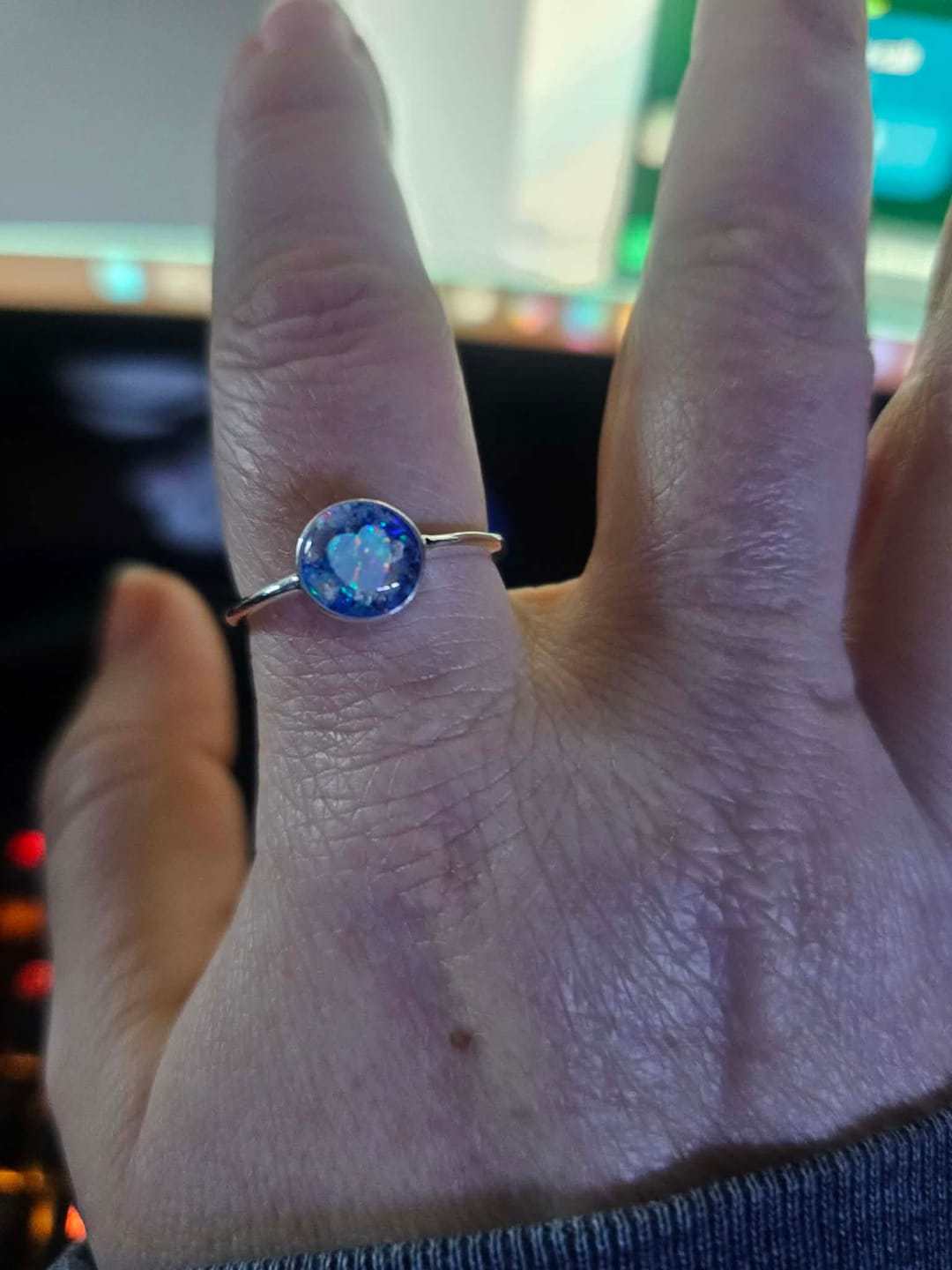 Customer photo review of Opal Heart Ring with Cremation Ashes