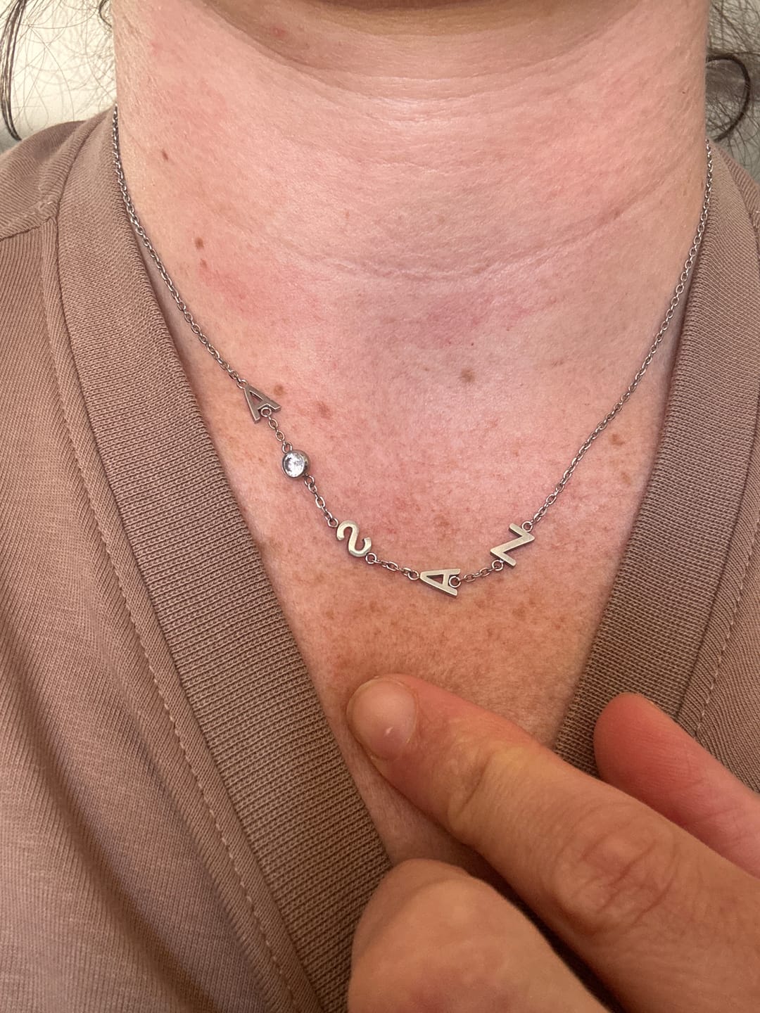 Customer photo review of Sideways Pave Letter Necklace