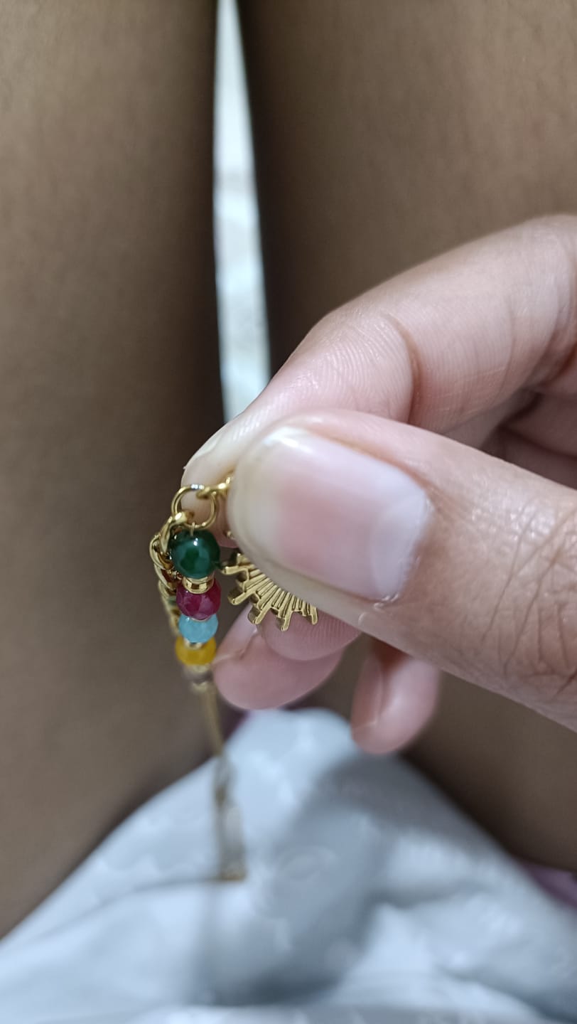 Customer photo review of Gold Sunburst Pendant Necklace with Multicolor Beads