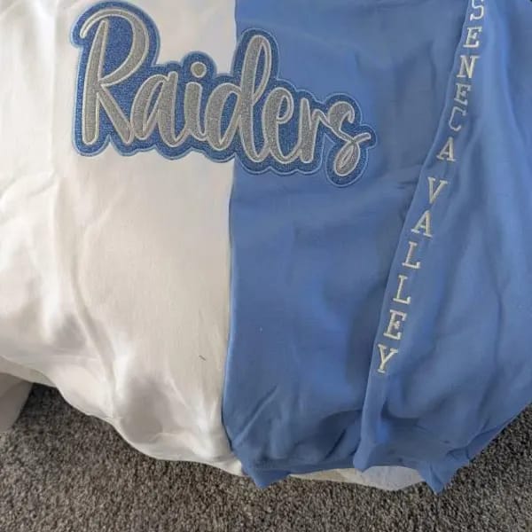 Customer photo review of Personalized Split Team Two Tone Crewneck Embroidered Applique Team Name Game Day Sweatshirt