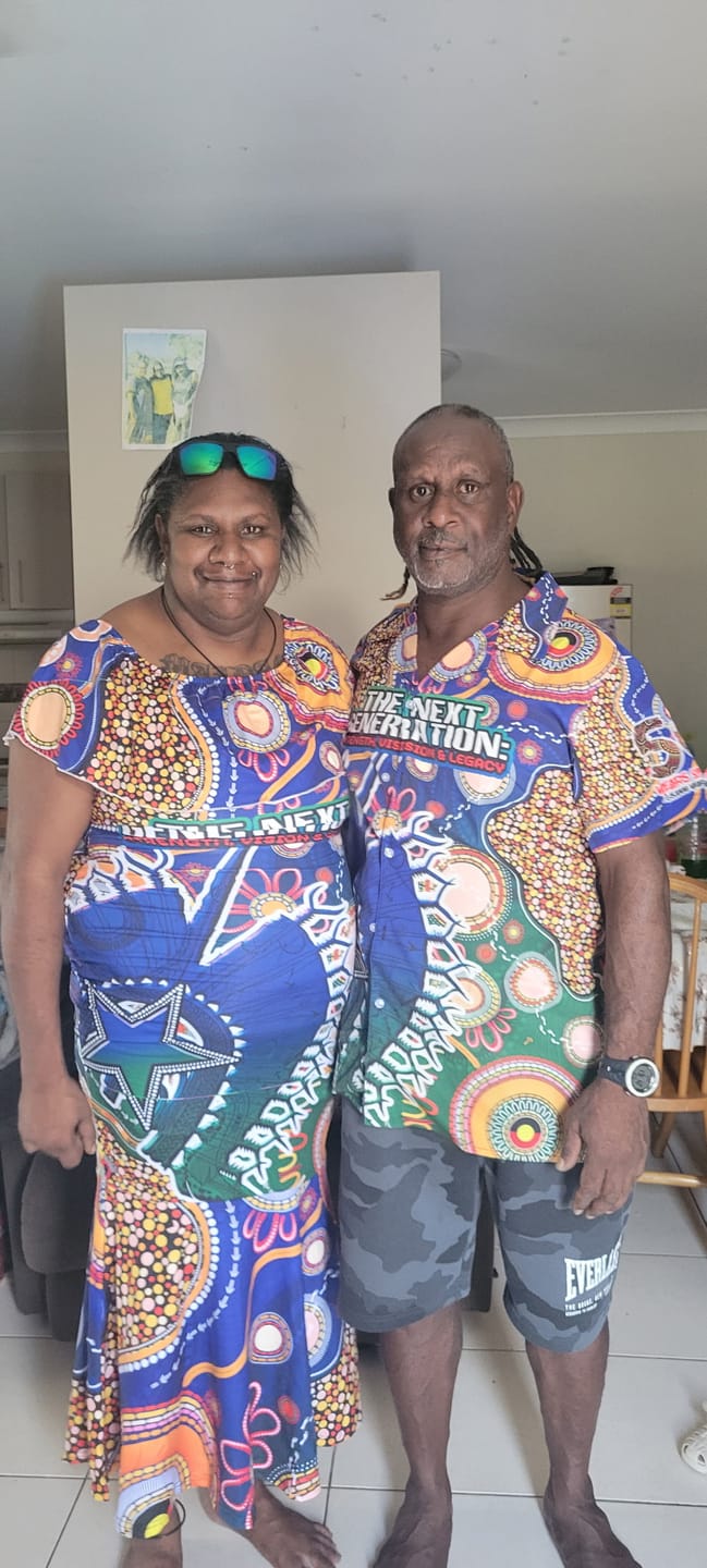 Customer photo review of Personalised Indigenous Naidoc Week 2025 Couples Matching Mermaid Dress and Hawaiian Shirt Aboriginal and Torres Strait Islands Dhari Mask DT02