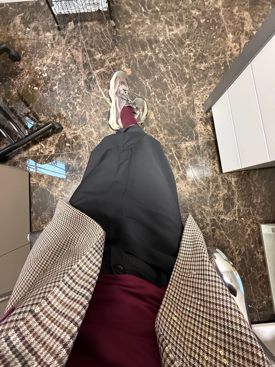 Customer photo review of Black wool drop crotch winter pants with asymmetrical details