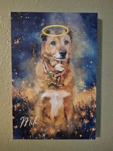Customer's beautiful Celestial memorial art of their dog, Mila, with a halo against a starry night background.