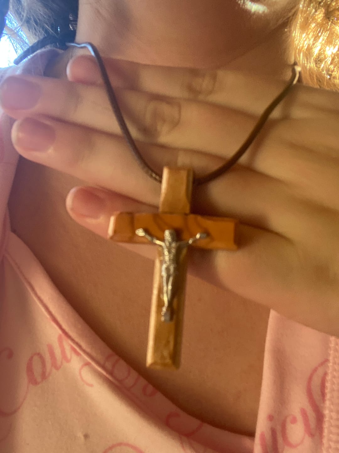 Customer photo review of Holy Land Orthodox Olive Wood Crucifix Pendant
