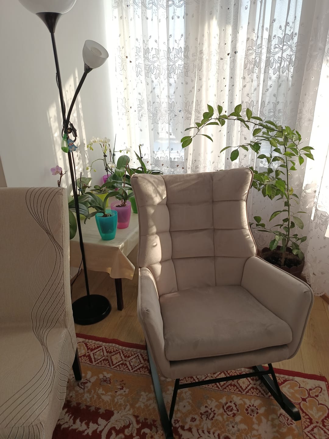 Customer photo review of Fotoliu balansoar BAZALTO, bej/negru, stofa catifelata, 70x90x92 cm
