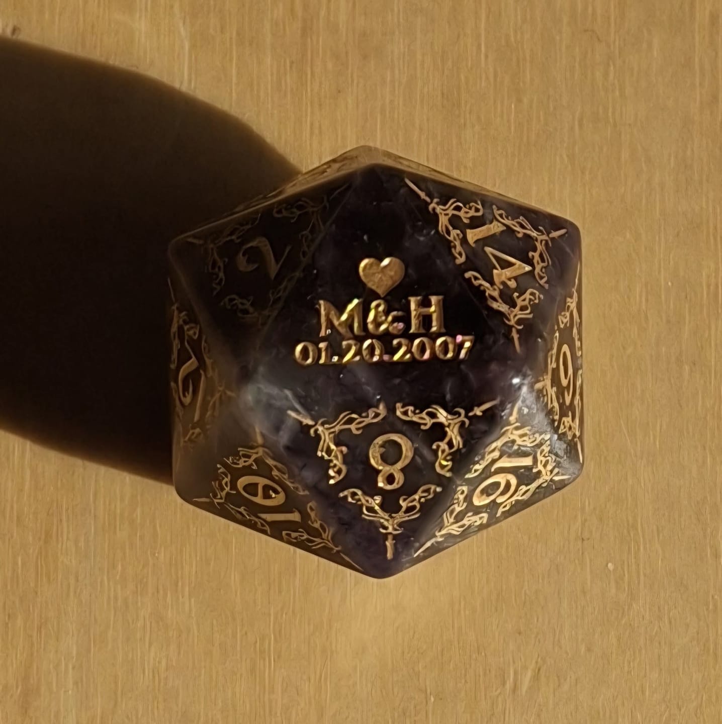 Customer photo review of Custom Anniversary D20 Dice – Personalized D&D Gift
