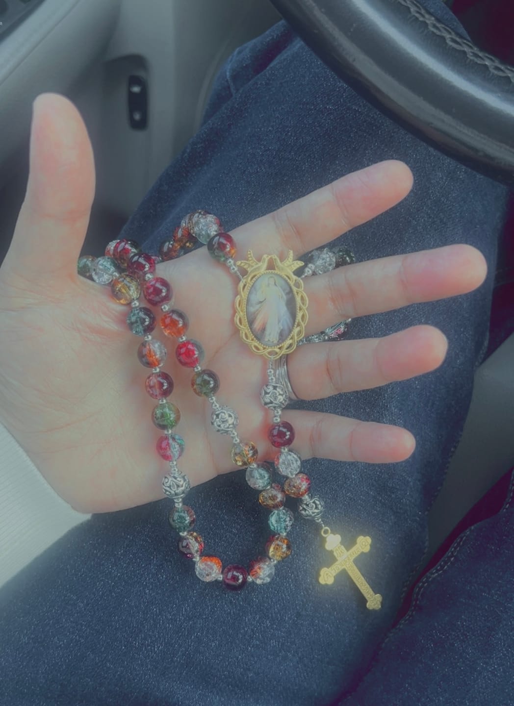 Customer photo review of FREE Today: Gradient Multicolor Glass Bead & Brass Crucifix Rosary with Divine Mercy Medal