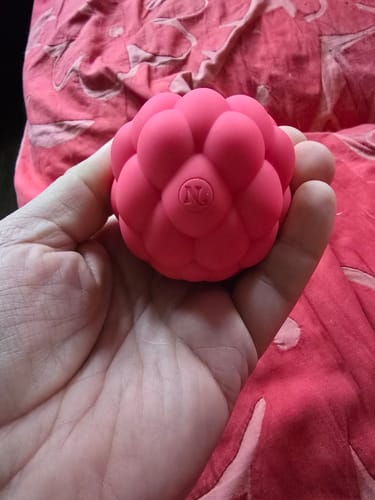 Reviewer holding the bright pink Berri Tapping Clitoral Massager in their palm, showing the top logo.