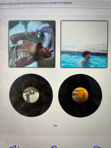 Customer's screenshot of the design page for personalized custom vinyl records with unique photo covers and labels.
