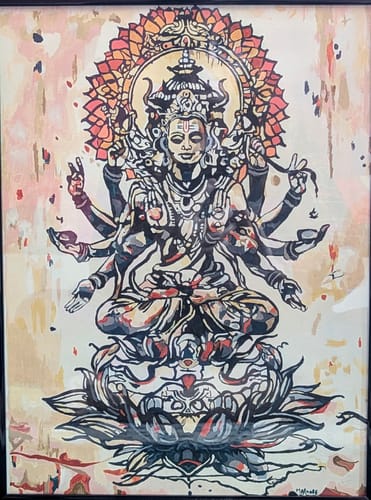 Reviewer's finished artwork from a Custom Paint by Numbers Kit, showing a colorful painting of the Hindu deity Vishnu.