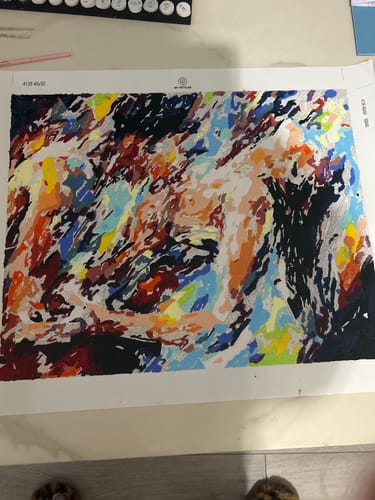 Customer's 'Two Lovers | Paint by Numbers' kit in progress, showing the colorful and abstract artwork taking shape.