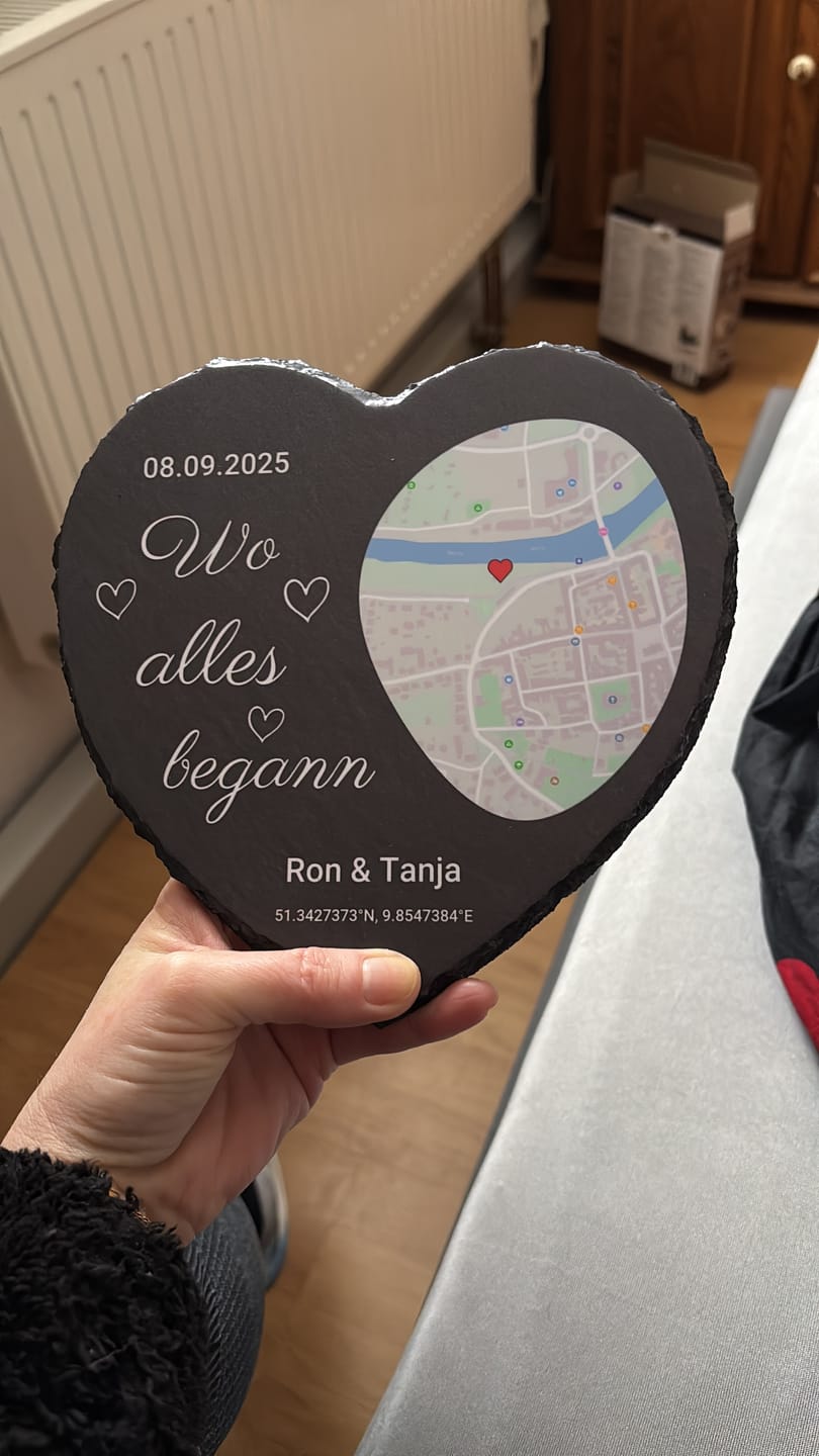 Customer photo review of Wo alles begann - Personalisiertes Schieferherz (15x15)