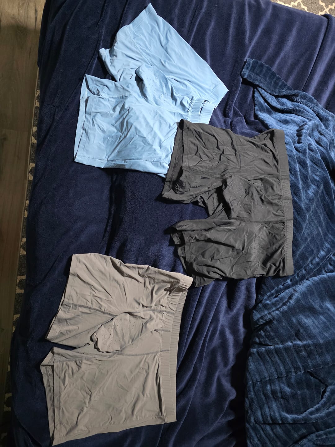 Customer photo review of Nylon 6in Boxer Briefs No Fly 3pk Black/Blue/Gray