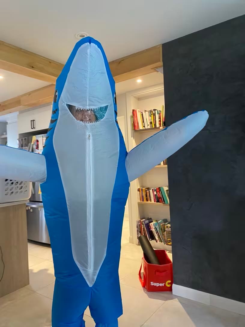 Customer photo review of Inflatable Shark Costume – Standing Shark Suit (Adults)