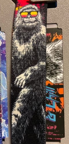 Close-up of a customer's fun Bigfoot and Chill Watch Band, showing the detailed graphic of Bigfoot in sunglasses.