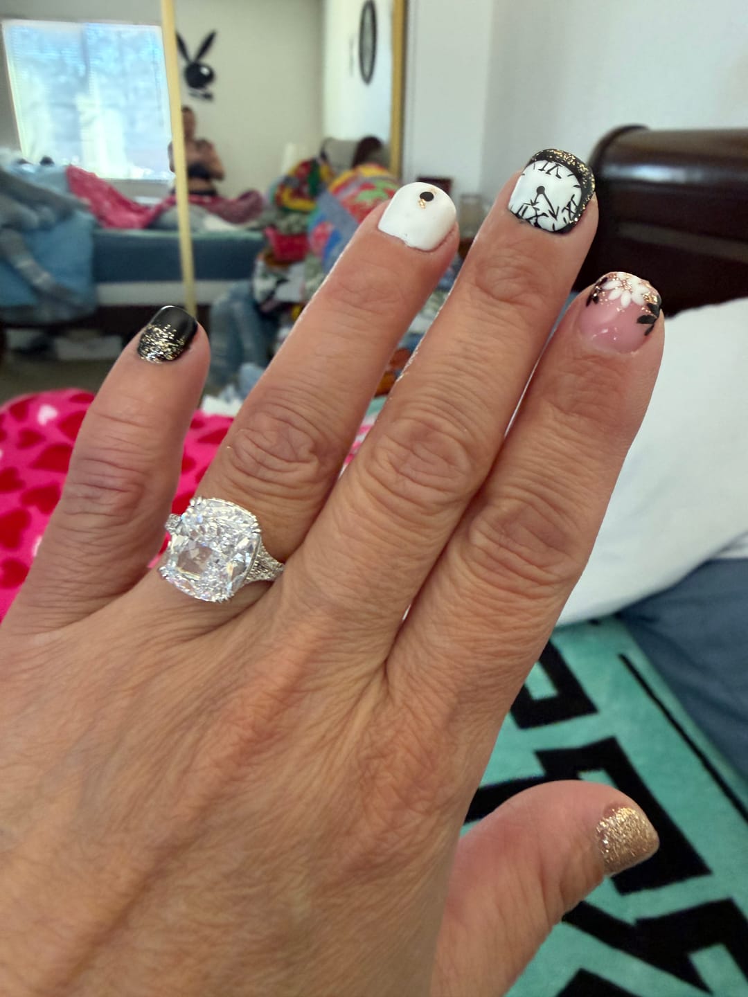 Customer photo review of S925 7.0Ct/4.0Ct Split Shank Cushion Cut Engagement Ring 18K White Gold Plated Travel Rings with Pavé Accents