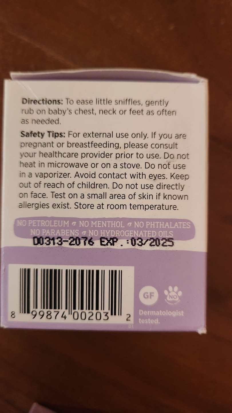 Customer photo review of Maty's Baby Chest Rub Cold Cough Eucalyptus Lavender Chamomile (140 Pcs Lot)