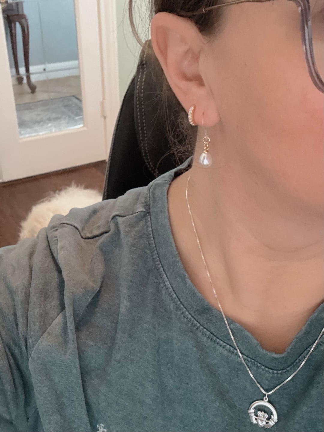 Customer photo review of Faux Pearl Drop Dangles