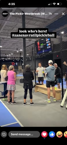 Reviewer on an indoor pickleball court with a group, wearing her black MUUV Flow pickleball shoes.