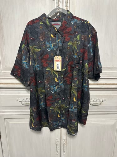 Reviewer's dark gray "Scales 'n' Tails" shirt with a colorful dragon pattern hanging on a hanger.