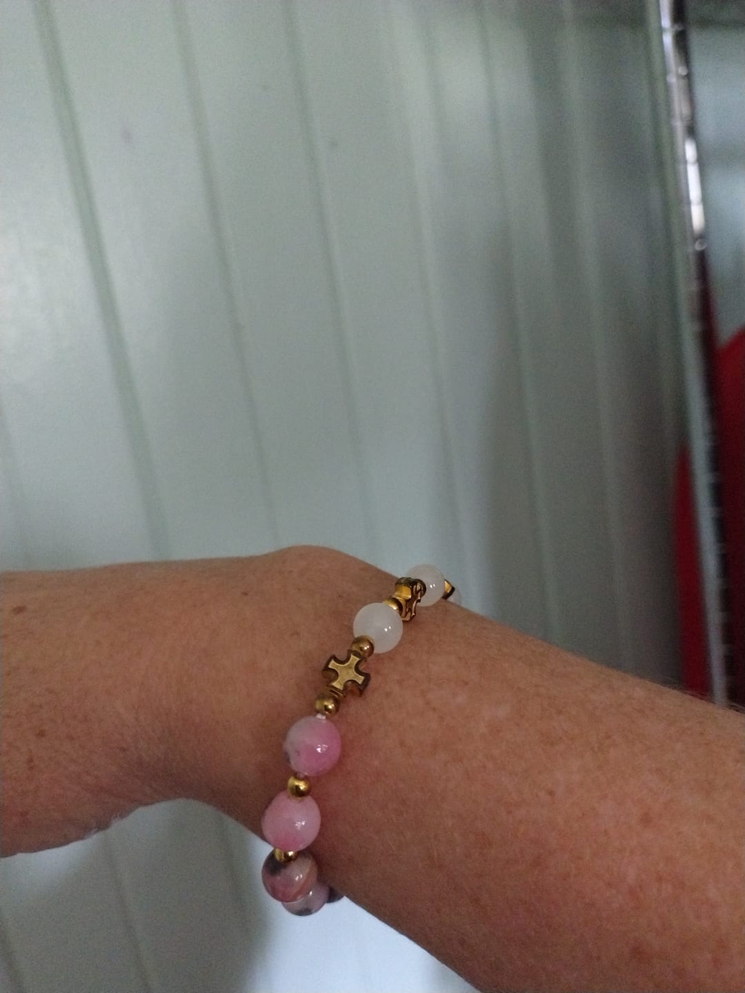 Customer photo review of Christianartworkshop Graceful 8mm Persian Pink & Black Jade Beads Bracelet with Ancient Cross