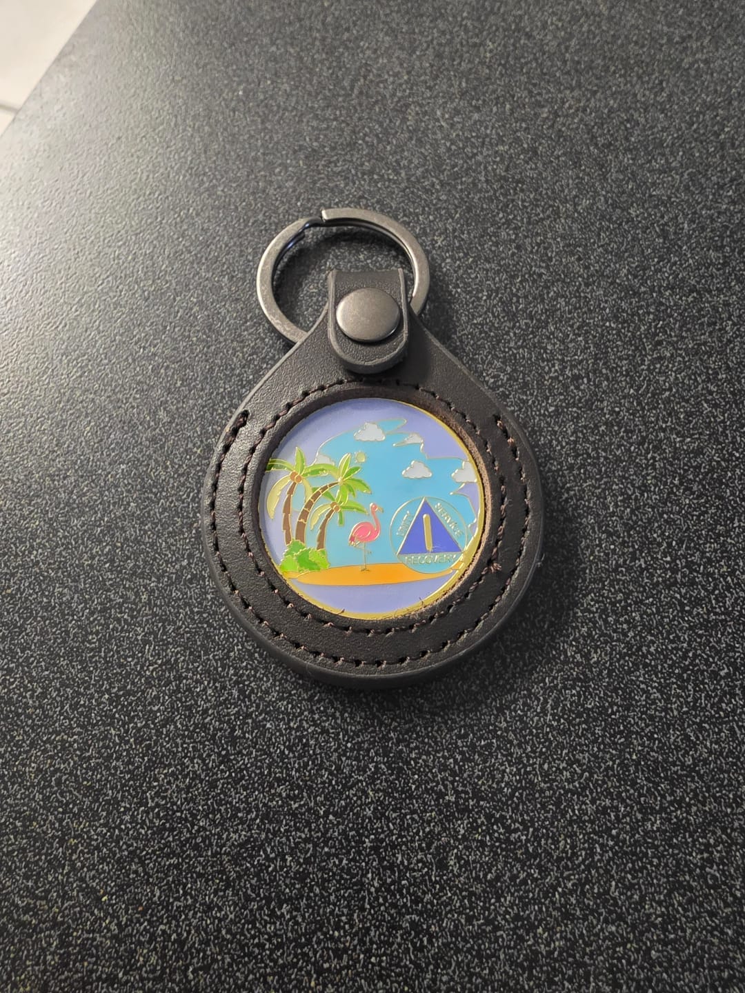 Customer photo review of Sobriety Mint Genuine Leather 34mm AA Medallion Keychain Holder - Recovery Chip/Coin/Token Holder - Dark Brown