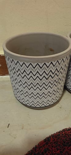 Customer's empty Zigzag Zebra Planter Box, highlighting the black and white zigzag cement pattern.