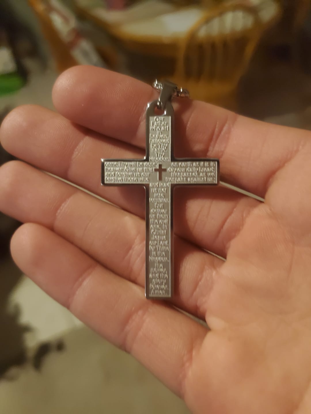 Customer photo review of FREE Today: Stainless Steel Lord's Prayer Necklace Accented with Cross for Blessings