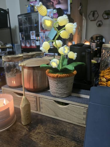 Reviewer's LitLamp Floral Crochet Lamp with delicate glowing blossoms on a desk in a cozy room.