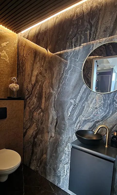 Customer photo review of Plaque Mural PVC Imitation Marbre – Onyx Cuivré Royal 260 x 120 CM