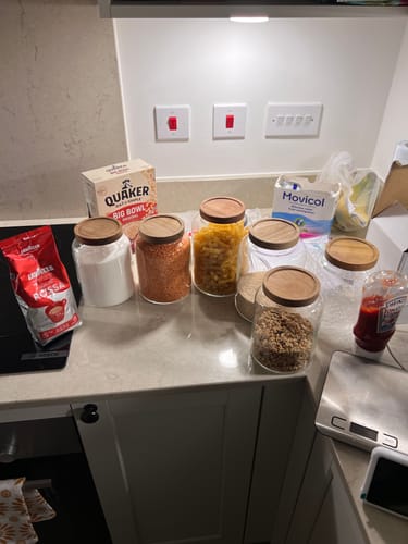 Customer photo review of Large Glass Acacia Pantry Jars