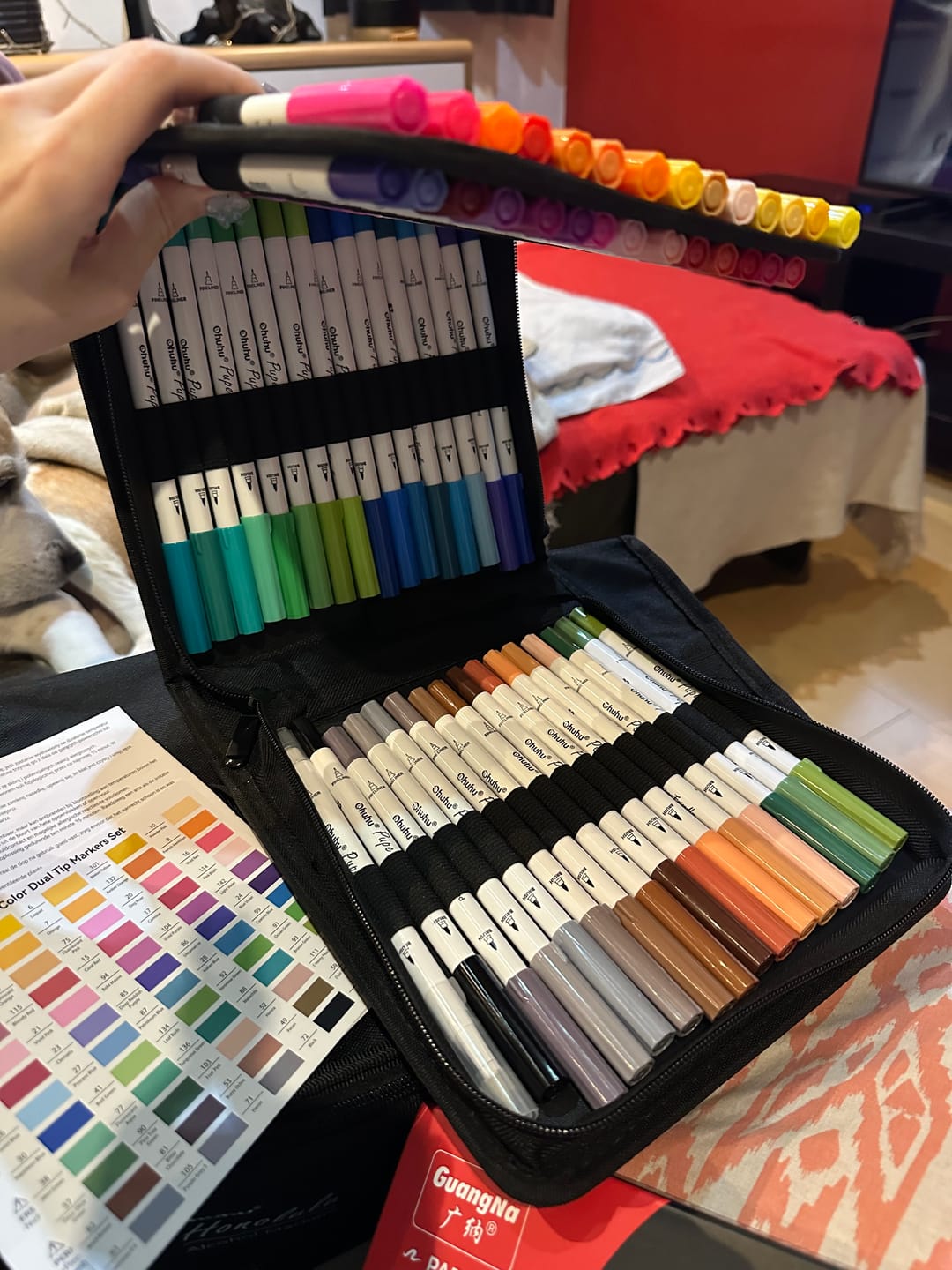 Customer photo review of Ohuhu Pupe Paper-friendly (No Peeling) Brush and Fineliner Dual Tips 60 Colors Water-based Coloring Markers