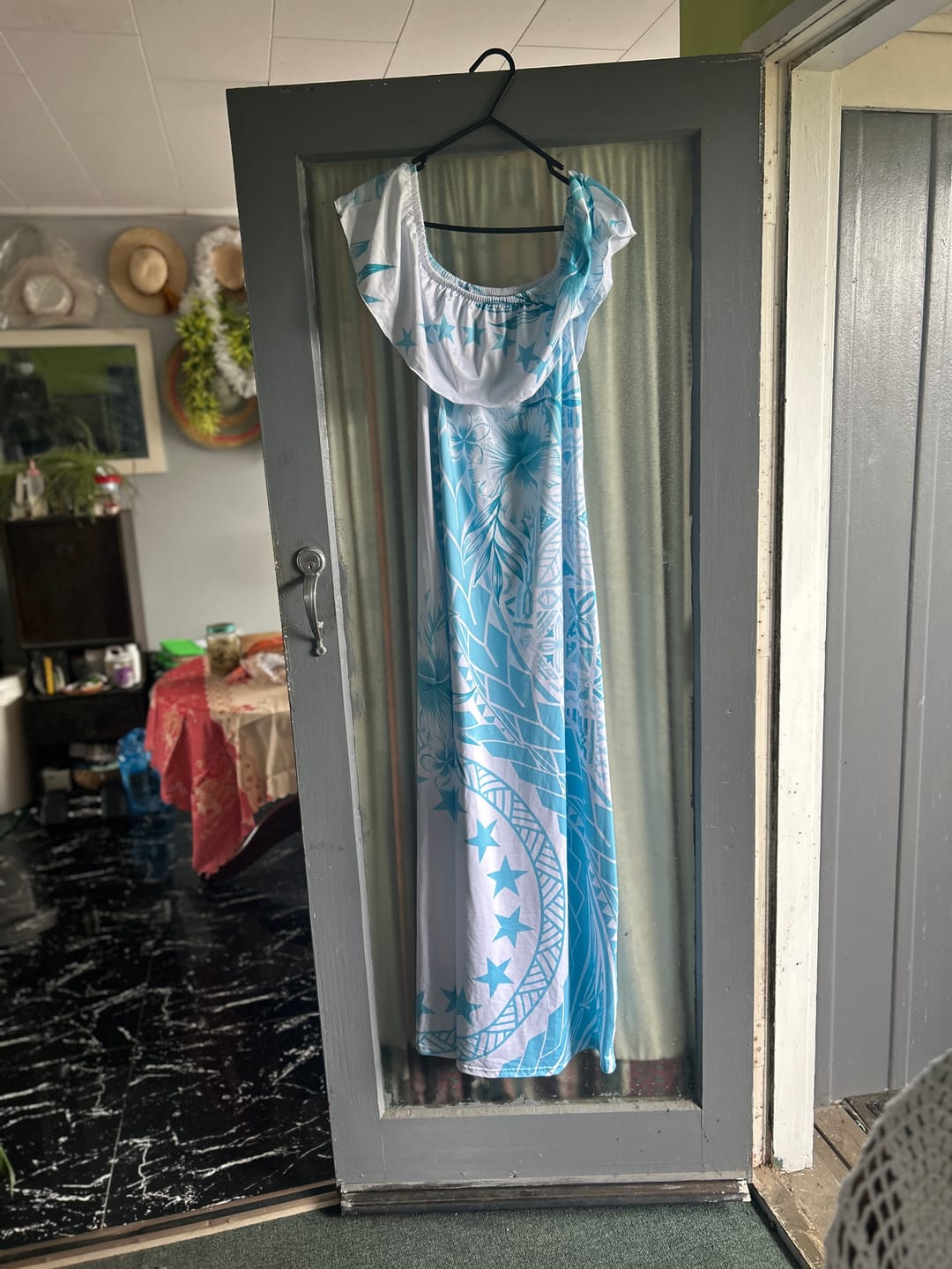 Customer photo review of Kia Orana Cook Islands Couples Matching Off Shoulder Maxi Dress and Hawaiian Shirt Tiare and Stars - Turquoise LT7