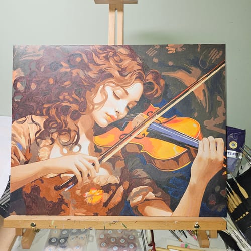 Customer's finished 'Talent' paint-by-numbers painting of a female violinist resting on a wooden easel.